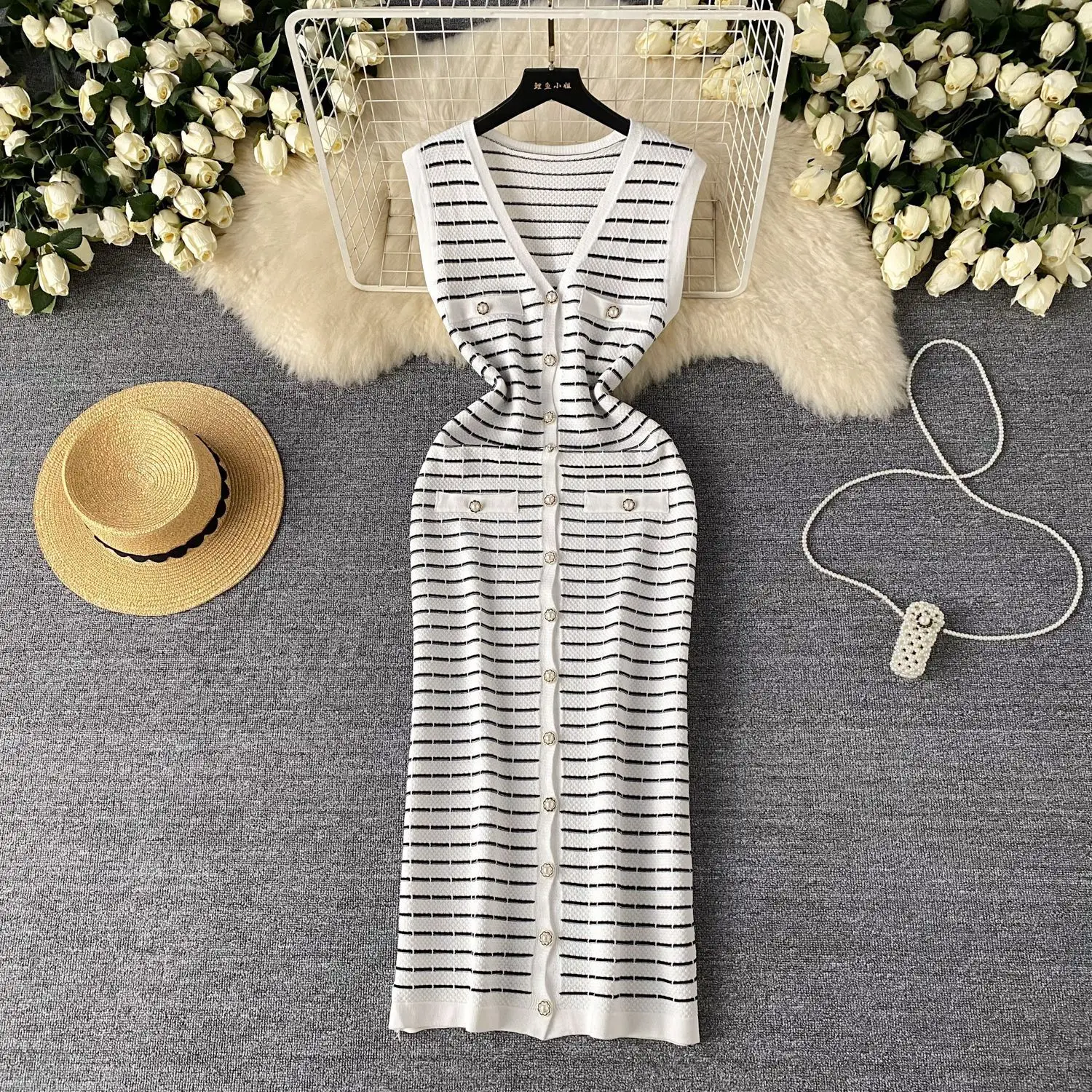 

Long Dress Women Striped Dresses V Neck Sleeveless Vest Vestidos Streetwear Slim Fit Single Breasted Elegant Y2k High Waist