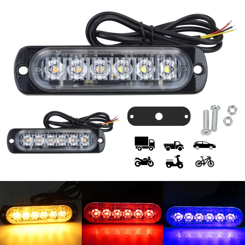 6-light LED ultra-thin dual color warning light, motorcycle pickup truck burst light, 12-24V universal ultra-thin burst light