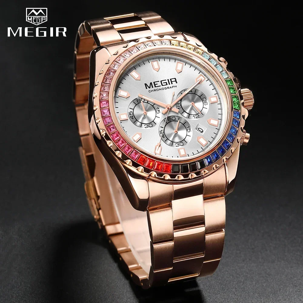 Reloj MEGIR con cronógrafo de cuarzo y diamantes de imitación de lujo de oro rosa para hombre, reloj de pulsera analógico deportivo luminoso de acero inoxidable para hombre, 24 horas