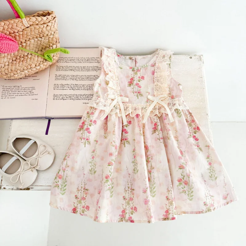 

Summer Monet Garden Lace Strap Princess Dress Sweet Sleeveless Printed Dress for Little Girls and Toddlers