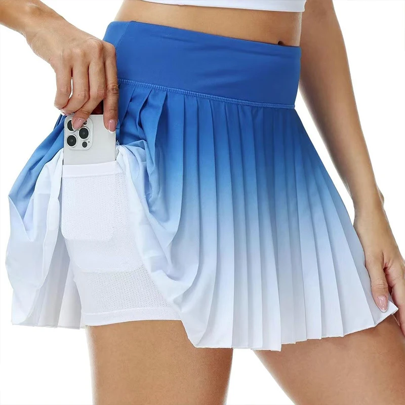 Summer Gradient Color Running Shorts Side Pocket False 2 Pieces Tennis Mini Skirt Cooling Quick Dry Breathable Yoga Skirt Women