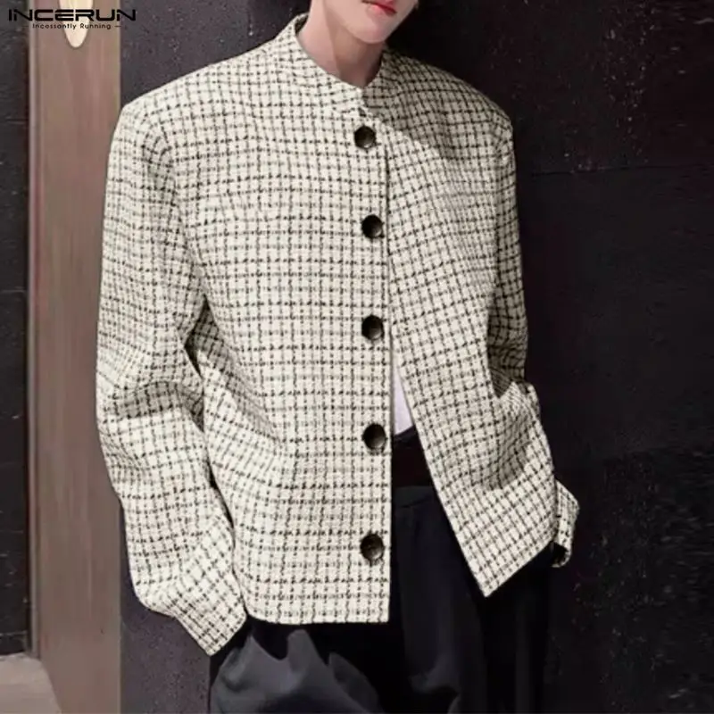 INCERUN Men Plaid Jackets Stand Collar Long Sleeve Elegant Male Coats Streewear Button 2025 Fashion Casual Men Jackets Outerwear