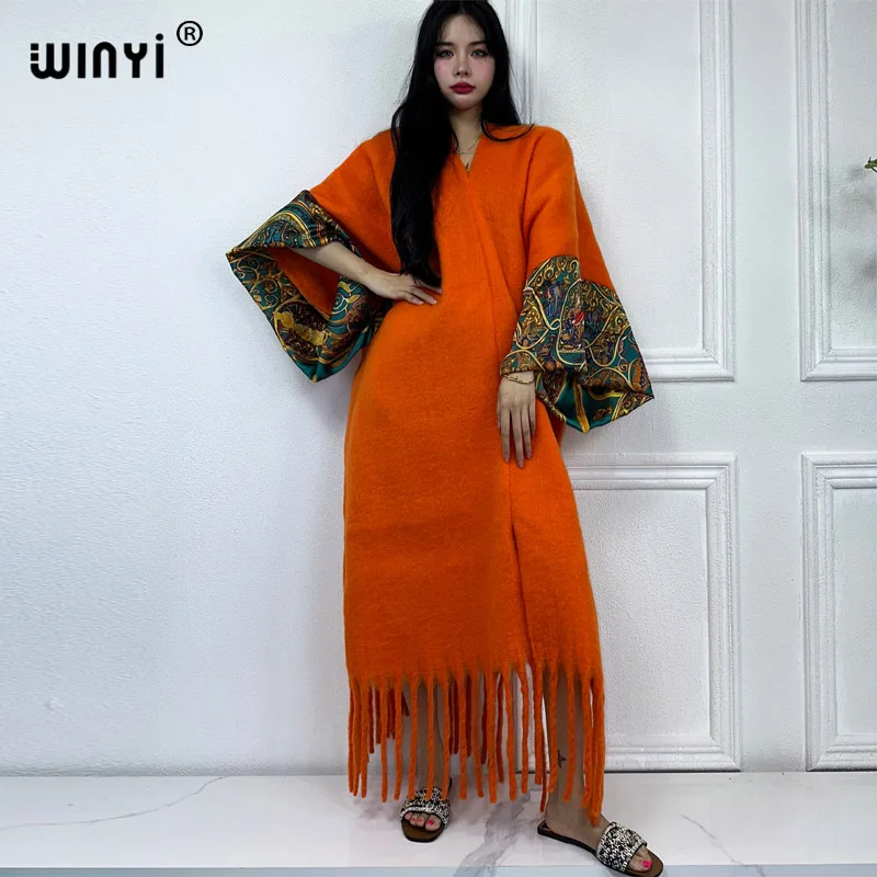 WINYI new V-neck Comfort Warm fashion Caftan Holiday dress Elegant Africa Women Boho party winter clothes for women long dre