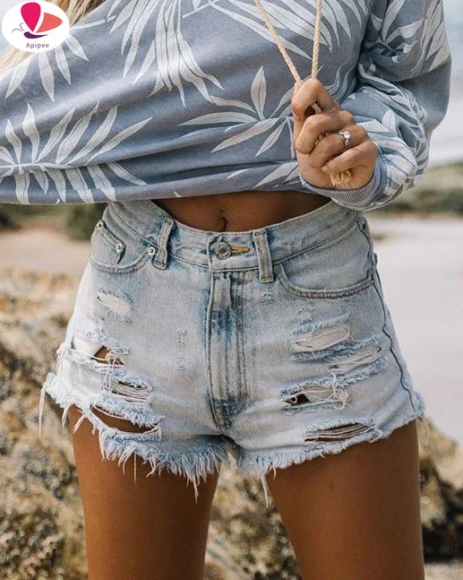 Casual Women Denim Shorts Crimping Slim Summer Jeans Shorts Feminino Ladies Bottom High Waist Ripped Fringed Denim Shorts Female