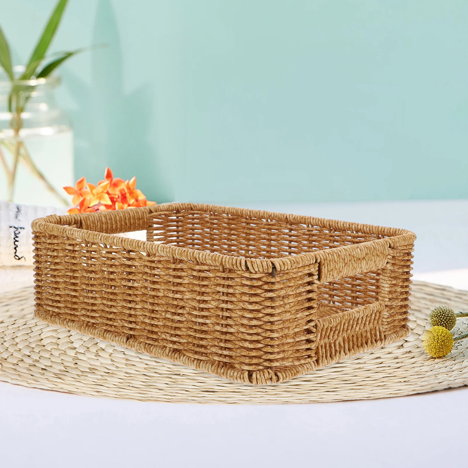 

Imitation Rattan Storage Basket Shallow Coffee 26x19x8cm Kitchen Tableware Snack ganizer Household Baskets Container