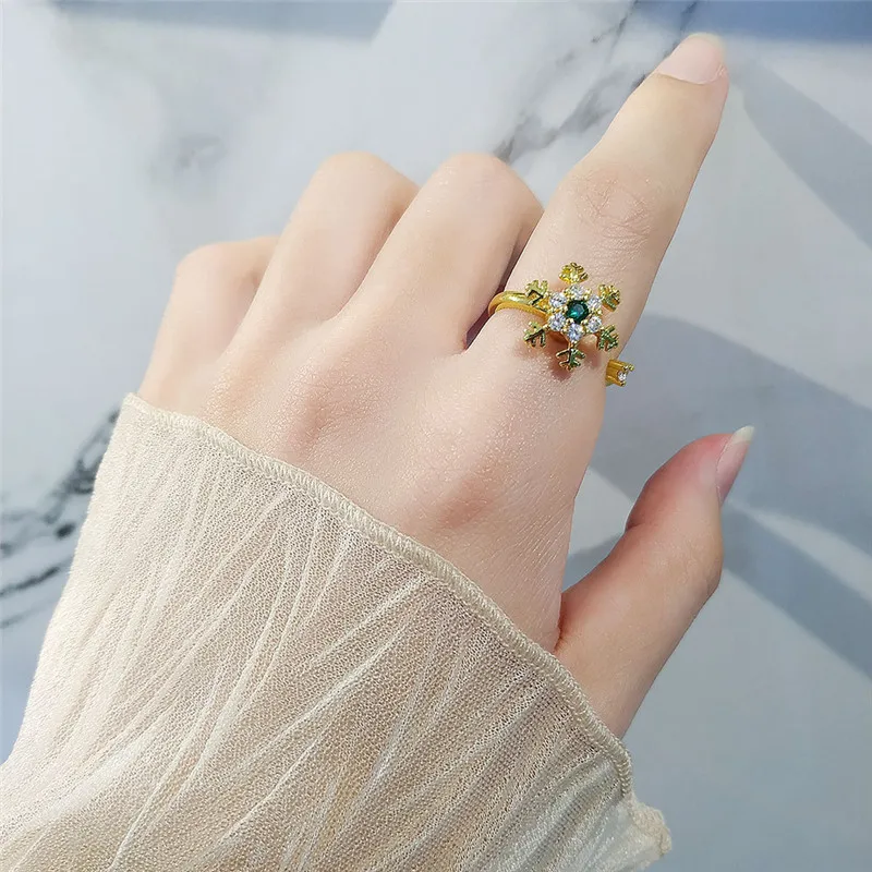 Winter Fashion CZ Snowflake Opening Rings for Women Girls Christmas Jewelry Fidget Anxiety Relaxing Ring New Year Gift