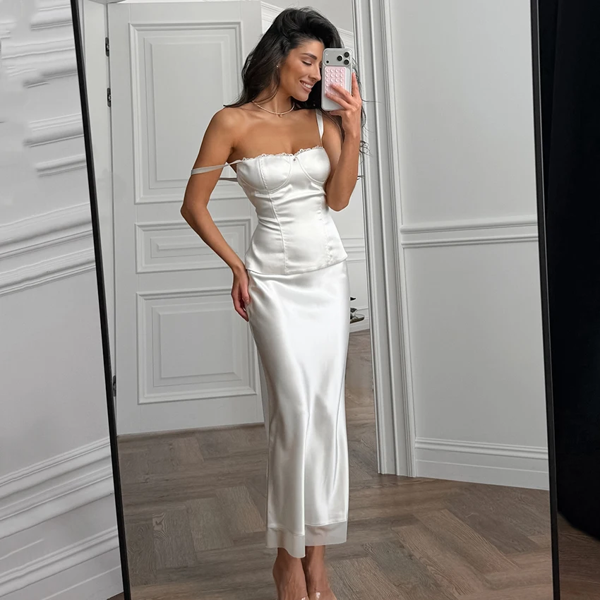 

Linad Elegant White Satin Lace Long Skirts Suits Street Chic Slim Camisole With High Waist Skirt 2 Piece Sets Women Summer 2026