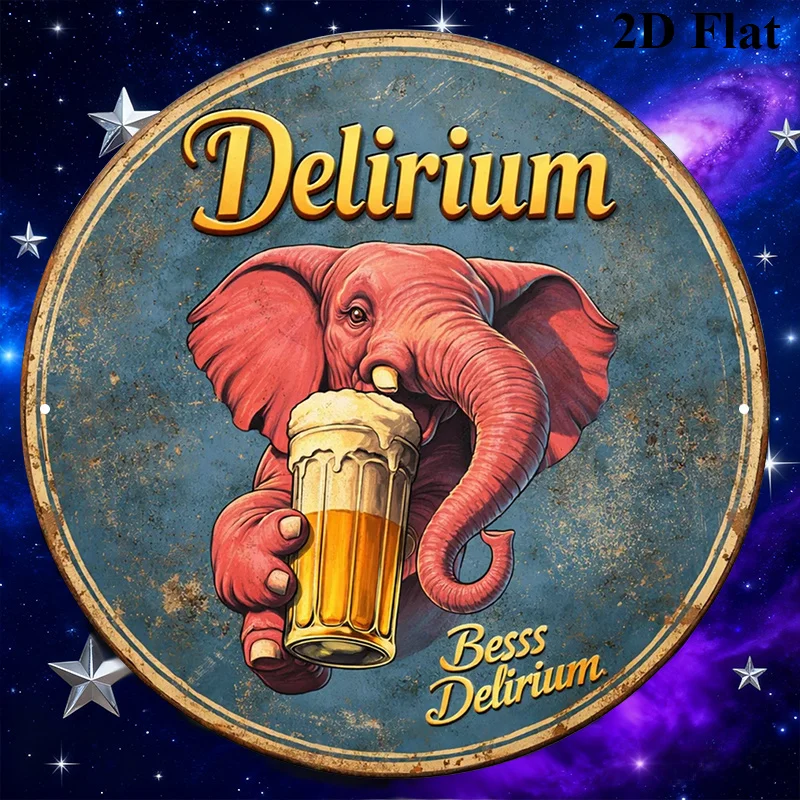 Letrero Redondo con Placa Decorativa Vintage Relacionada con 'Delirium Beer', con Temática de Cerveza y Elefantes Rojos