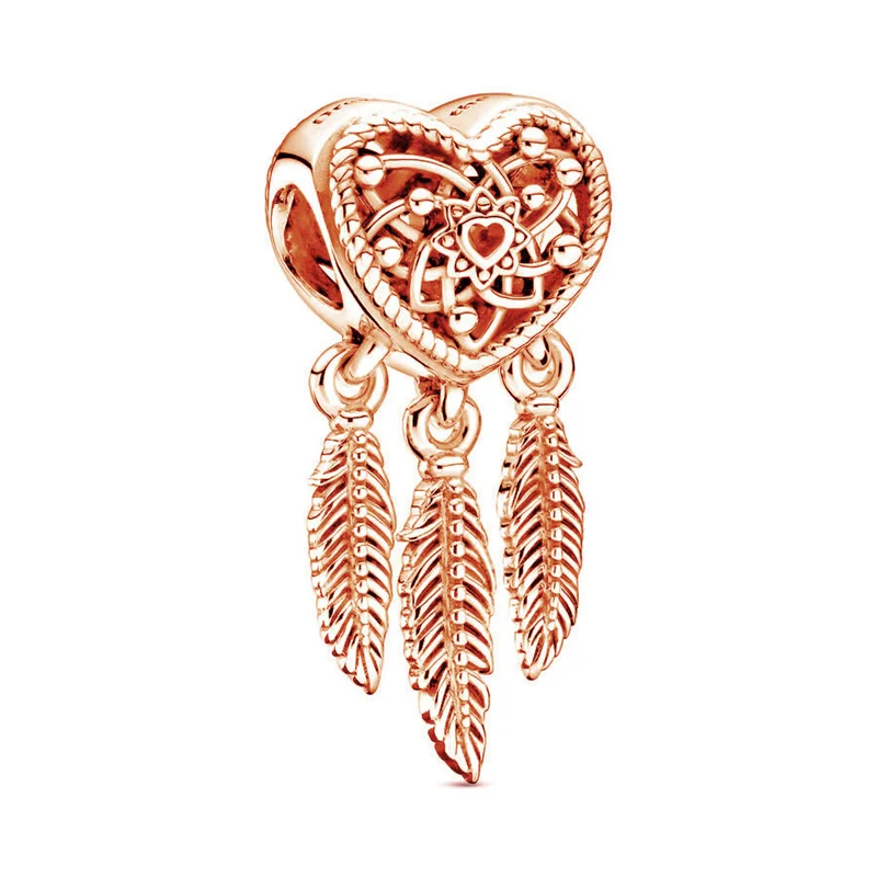 New Rose Gold Pink Feather Charm Fit Original European 925 Sterling Silver Bracelet DIY Woman Luxury Jewelry Pendant Gift Making