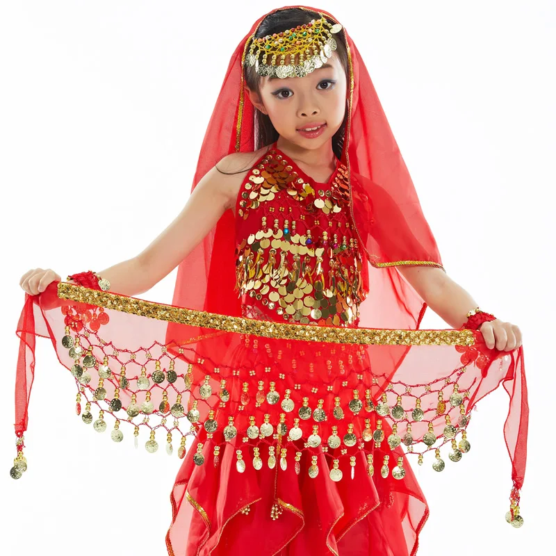 Customized Children's Chiffon Belly Dance Belt Waist Chain with 3 Rows of Bright Slices and Chain Edges Indian Hip Towel Belt