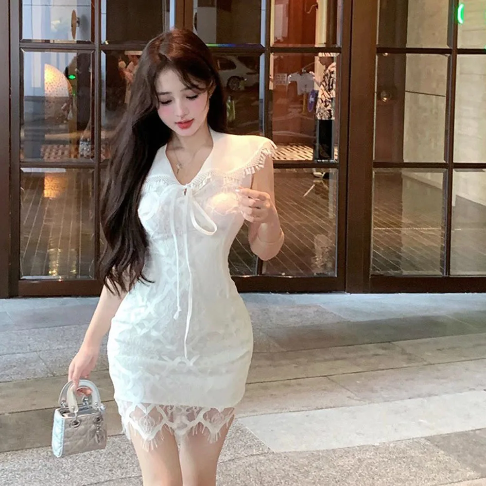 White Lace Mini Dress Women\'s Summer Sweet Peter Pan Collar Female Dress Sexy Slim Wrap Hip Dresses Korean Chic Vestidos Mujer