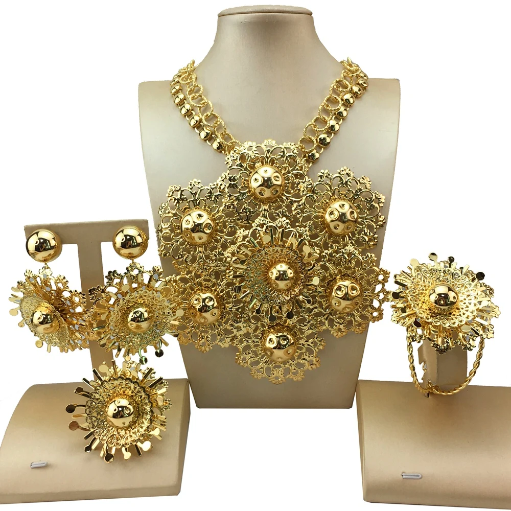 New Fashion Trendy Women Jewelry Set Brazilian Gold-Plated African Wedding Bridal Big Flower Pendant Necklace Gifts FHK18837