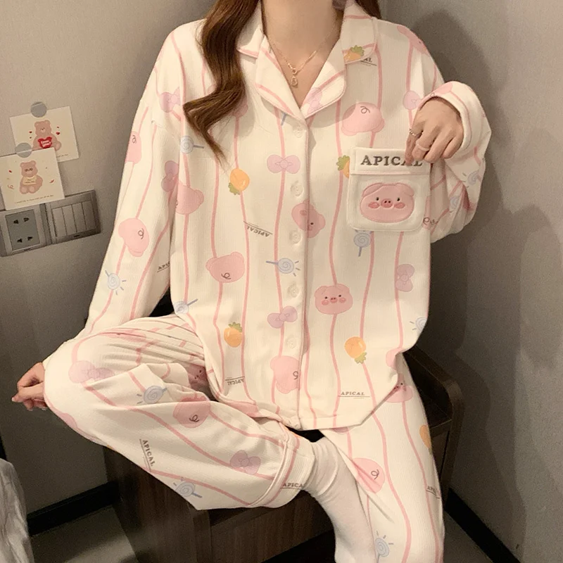 

Pajama Sets Fluffy Women Twill Blue Loosen Fit Durable Lace Trim Crew Neck Three Quarter Sleeve Full Length Spring Teen Jacquard