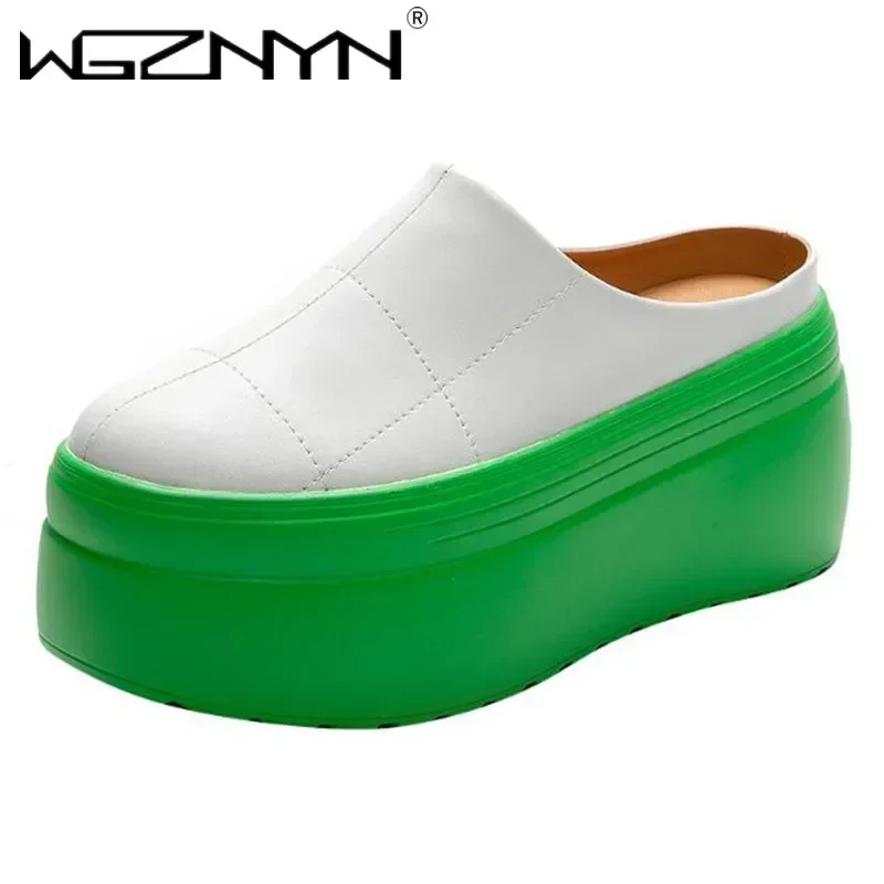 NEW Women Brand Shoes Mules Genuine Leather Gereen White Black Platform Shoes Sandals Slippers Slides Women Summer Slippers Shoe