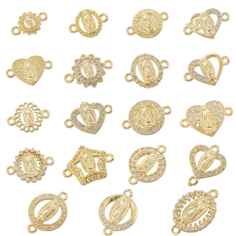 ZHUKOU Golden-plated Brass Catholic Virgin Mary Pendant Crafts Double Holes DIY Bracelet Necklace Accessories