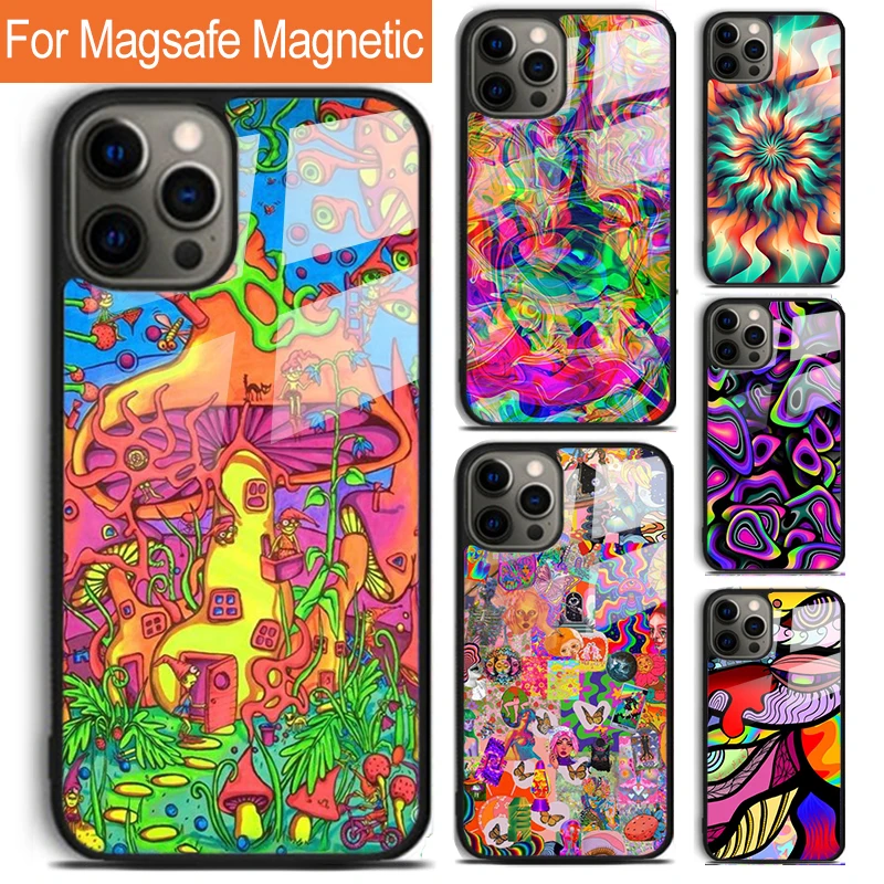 Colourful Psychedelic Trippy Art Phone Case For iPhone 16 15 14 13 12 11 Pro Max Plus Magsafe Magnetic Wireless Charging Cover