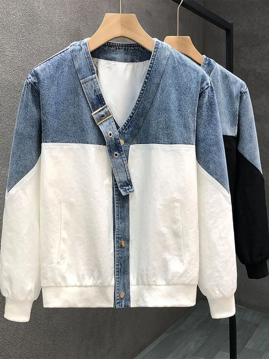 

Прохладная повседневная мужская джинсовая одежда Jaet Color Blo Весна-Осень Faion Верхняя одежда из полиэфирного волокна Long Sve V-Ne Side ket