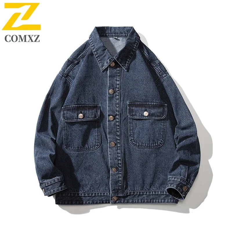 

COMXZ Men Denim Thin Jacket New Japanese Loose Trendy Large Pocket Motorcycle Jackets Leisure Turndown Collar Y2k Style Garment