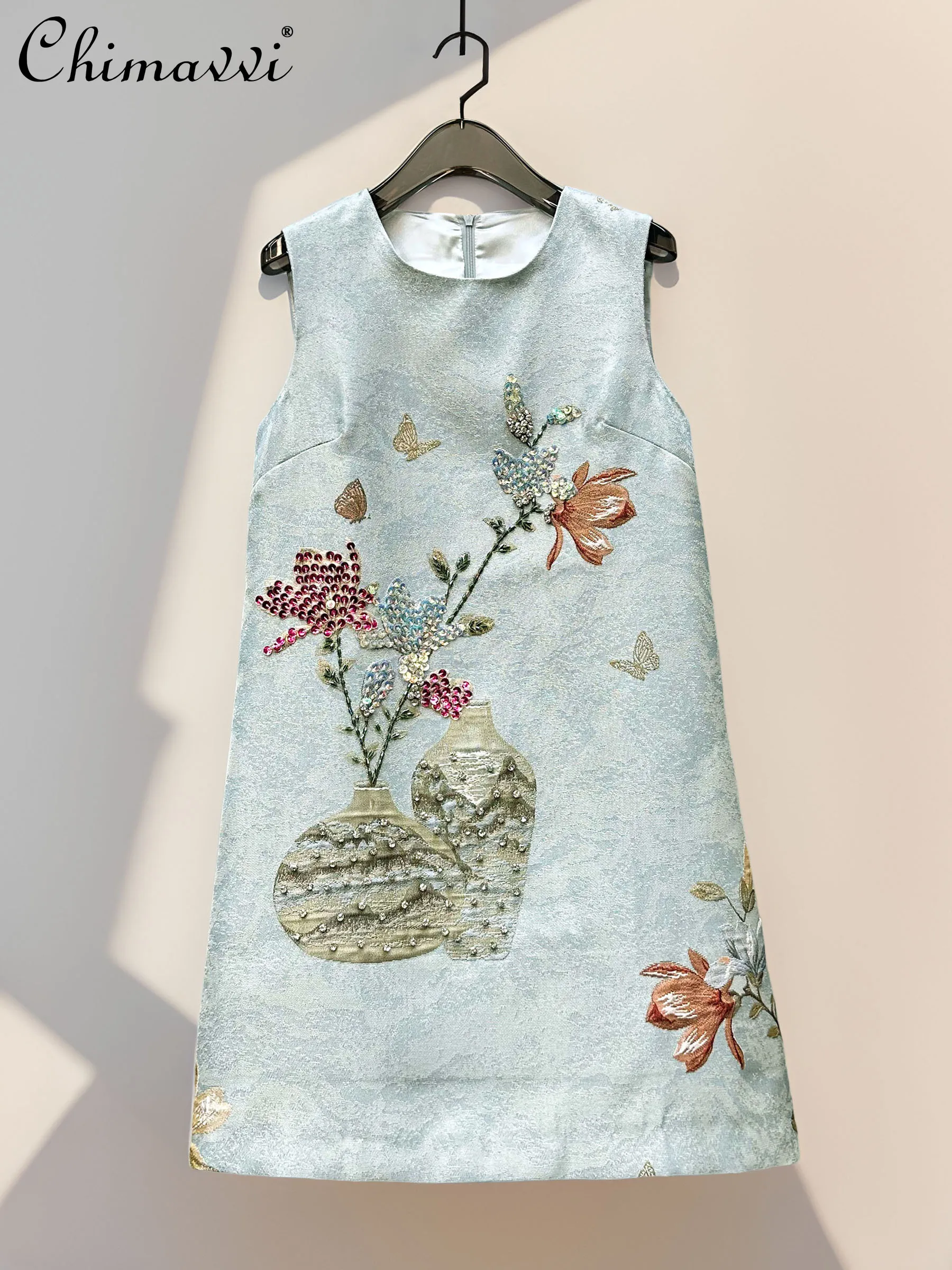 

Французские элегантные модные светские платья с бисером и бриллиантами и блестками, вышитые, с высокой талией, темпераментное короткое платье трапециевидной формы для женщин