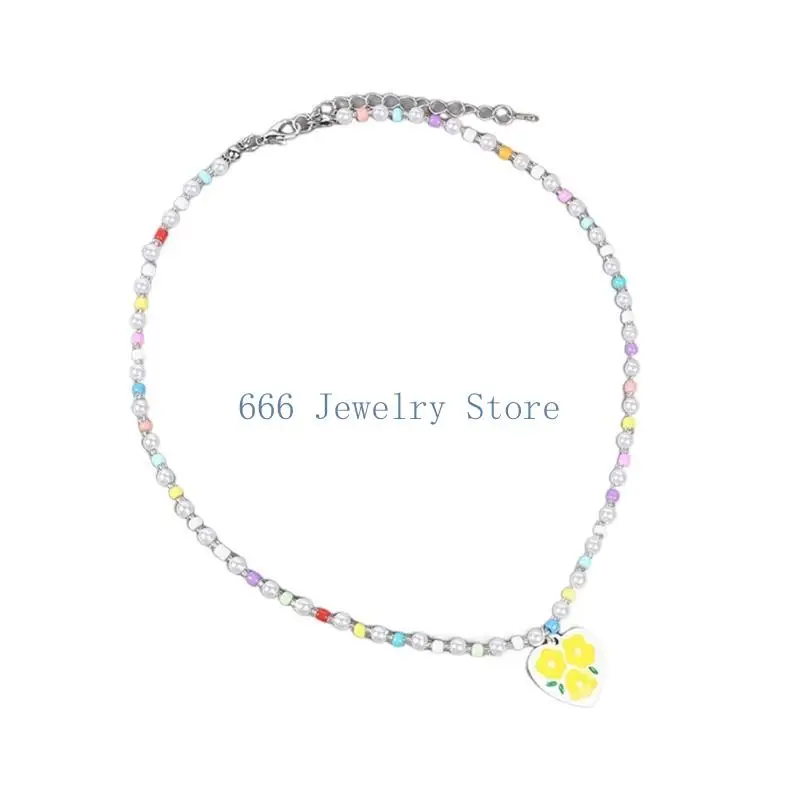 F2TD قلادة زهرة زهرة ملونة للنساء مترقم قلادة القلب الأنيقة #3