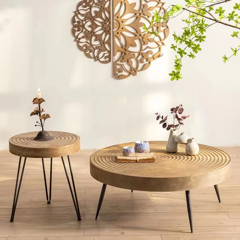 Japanese Vintage Minimalist Style Wooden OAK Round Table Modern Design For Living Room Solid Wood Coffee Table With Iron Legs