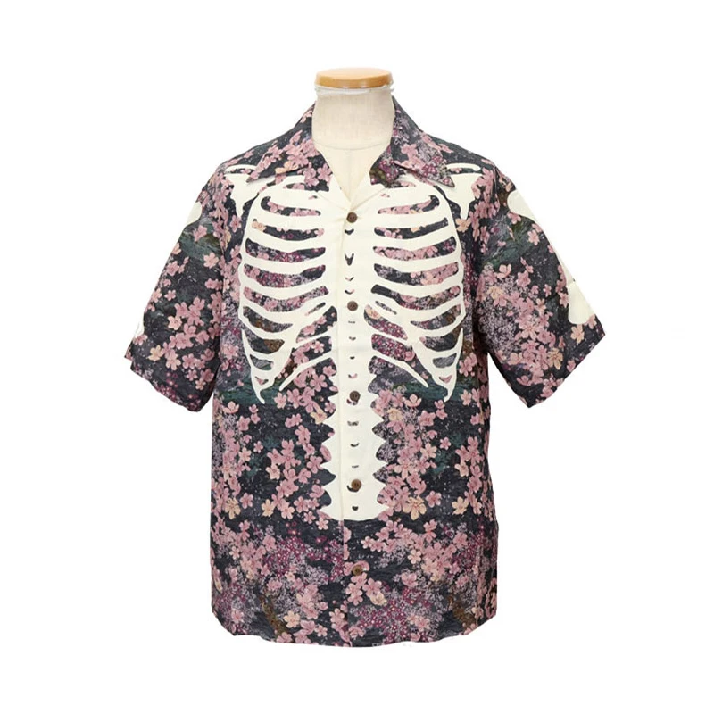Kapital Hirata Kazuhiro Style Japanese Casual Cherry Blossom Bone Printed Cuban Collar Short Sleeved Shirt