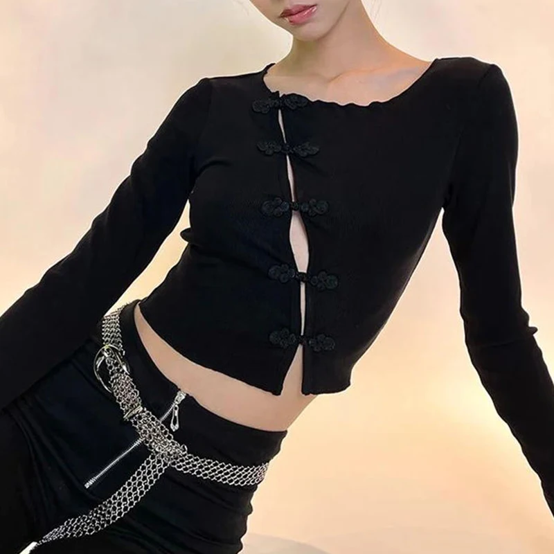 Beautiful black long sleeved wholesale fashion fun Harajuku long sleeved women\'s slim fit top T-shirt gothic punk kpop clothing