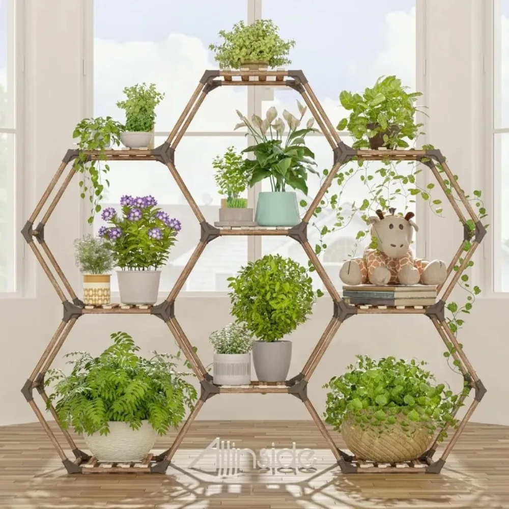 Hexagonal Plant Stand Indoor, Wood Outdoor Plant Shelf for Plants,Ladder Plant Holder Transformable Pot Stand for Corner