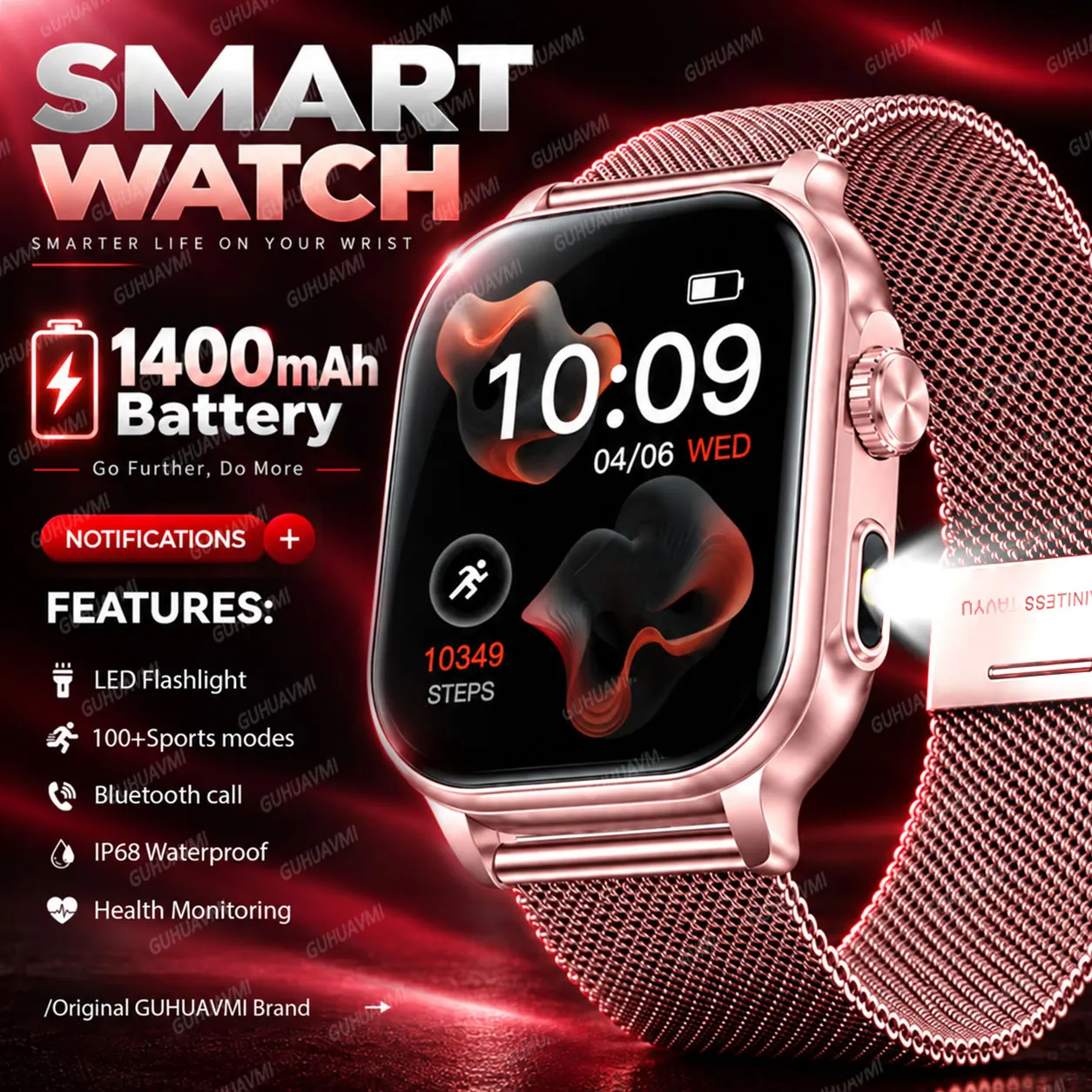 New Upgrade Fashion Women Watch 1400mAh Battery 2.01“AMOLDE Full Touch 100+Sports mode IP68 Waterproof LED Flashlight Smartwatch