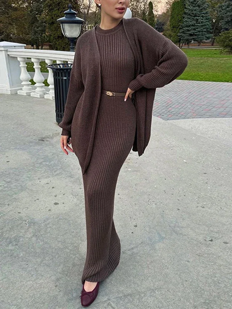 Casual Two-piece Set Women Knit Suit Solid Color Top and Tight High Waist O-Neck Long Dresses Autumn 2023