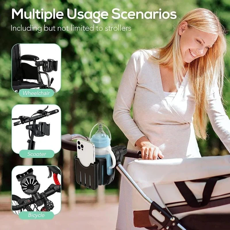 2 in 1 Quick Install Stroller Cup Phone Holder Universal Stable Fit for Bike Wheelchair Walker Scooter Outdoor Activities