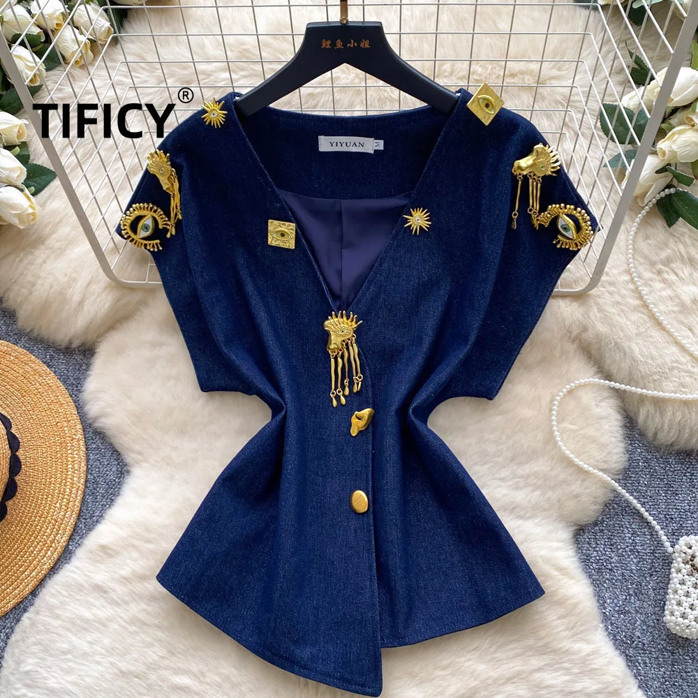 High Street Heavy Industry Metal Decoration V-neck Sleeveless Shirt Women's Summer Waist Top Horse Clip Vest