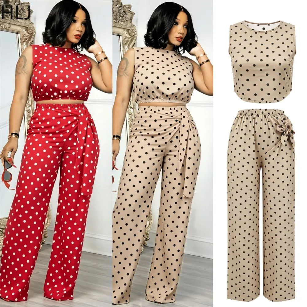 HLJ Vintage Polka Dot Printed 2 Piece Outfit for Women Sleeveless Cropped Tank Top and Straight-leg Pants Streetwear Summer New