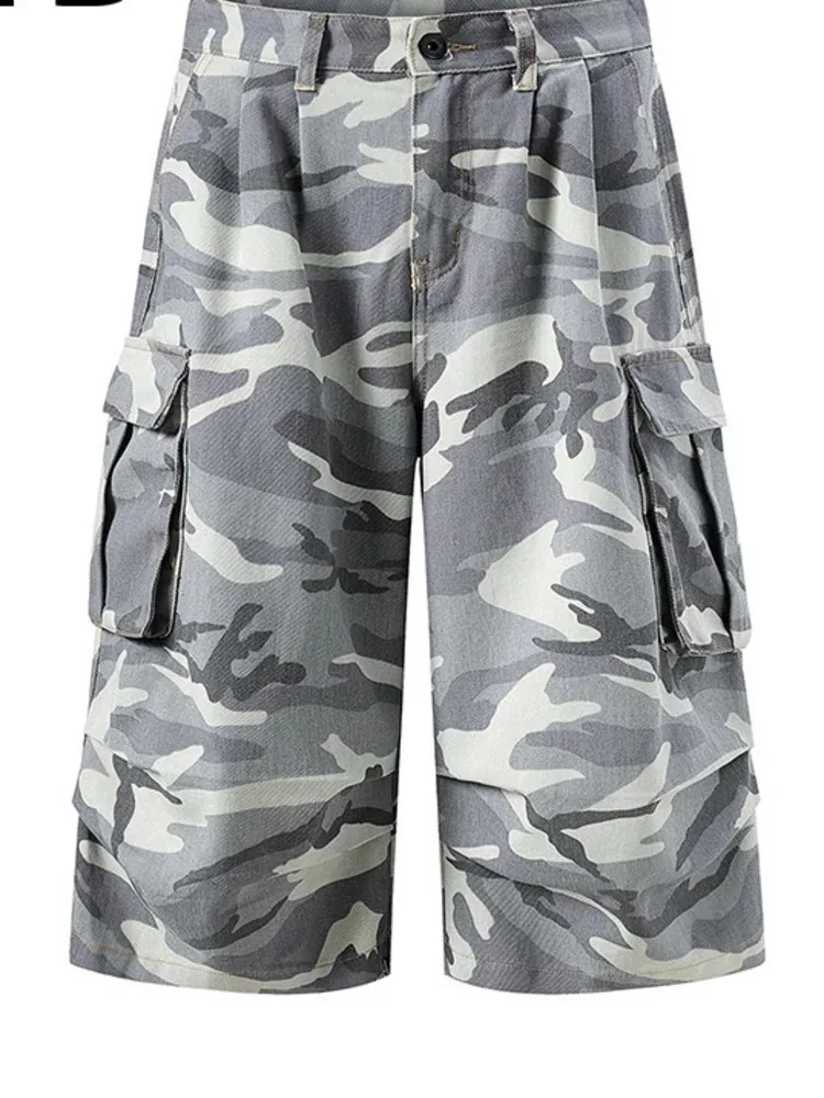 Cargo Shorts Camo Men's Multi Pocket Baggy Fit Washed Grey Streetwear Casual Summer Loose Denim Knee Length Pants ZISX