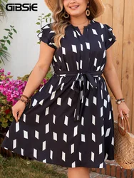 GIBSIE Plus Size Notch Hals Ruche Mouw Belted A-lijn Jurk 2024 Nieuwe Zomer Vrouwen Print Casual Vakantie Dames Midi Jurken