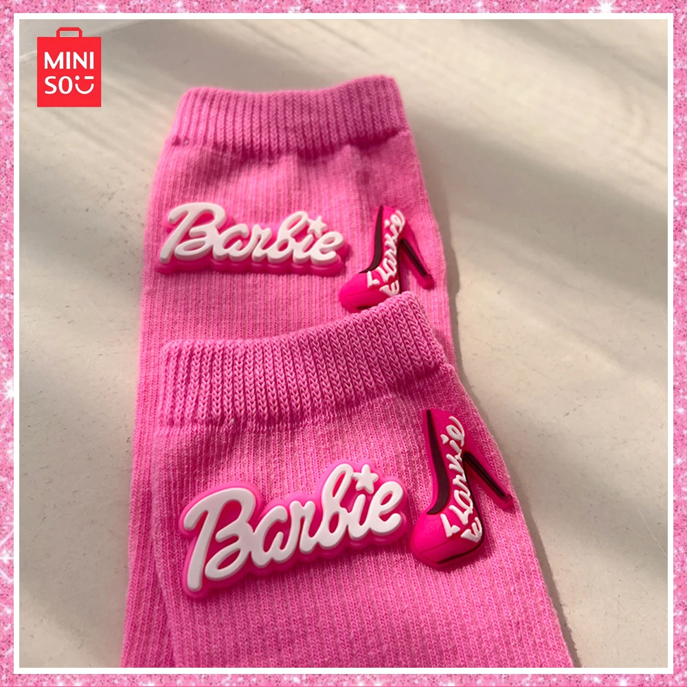 Miniso Barbie Pink Heart 3D Filled Cotton Knitted All Seasons Socks Kawaii Colorful Mid-Calf Socks Girls Valentine’s Day Gift