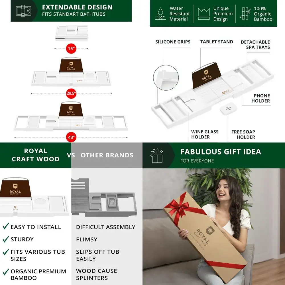 

Элегантный бамбуковый поднос-органайзер для ванной - раскладной деревянный столик для ванной, идеально подходит для аксессуаров для ванны, идеальный подарок для мам и домовладельцев