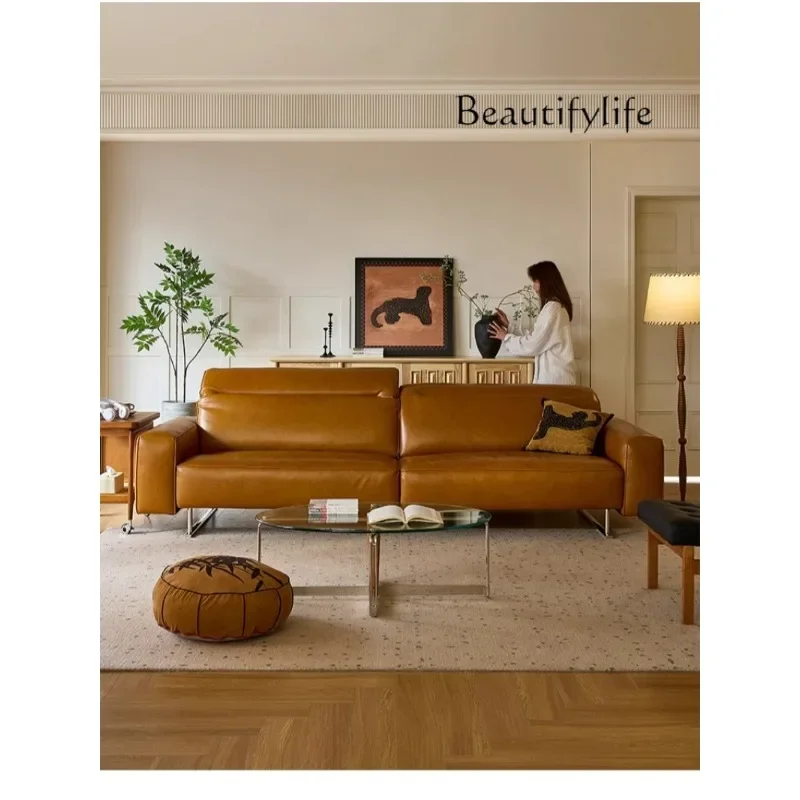 

Kh Sofa retro oil wax leather art sofa home light luxury straight row three-person backrest adjustable