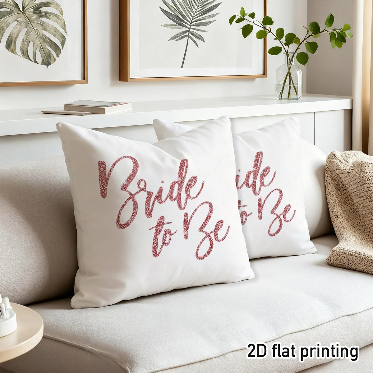 2pc Bride to Be Throw Pillow Covers Set of 2, 2D Flat Printed Soft Decorative Cushion Cases for Wedding Bridal Shower