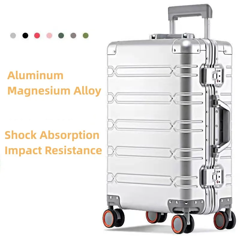 Kotak Trolley wanita, semua aluminium Magnesium Aloi logam roda Universal kata sandi logam Bisnis Travel Boarding Case keras