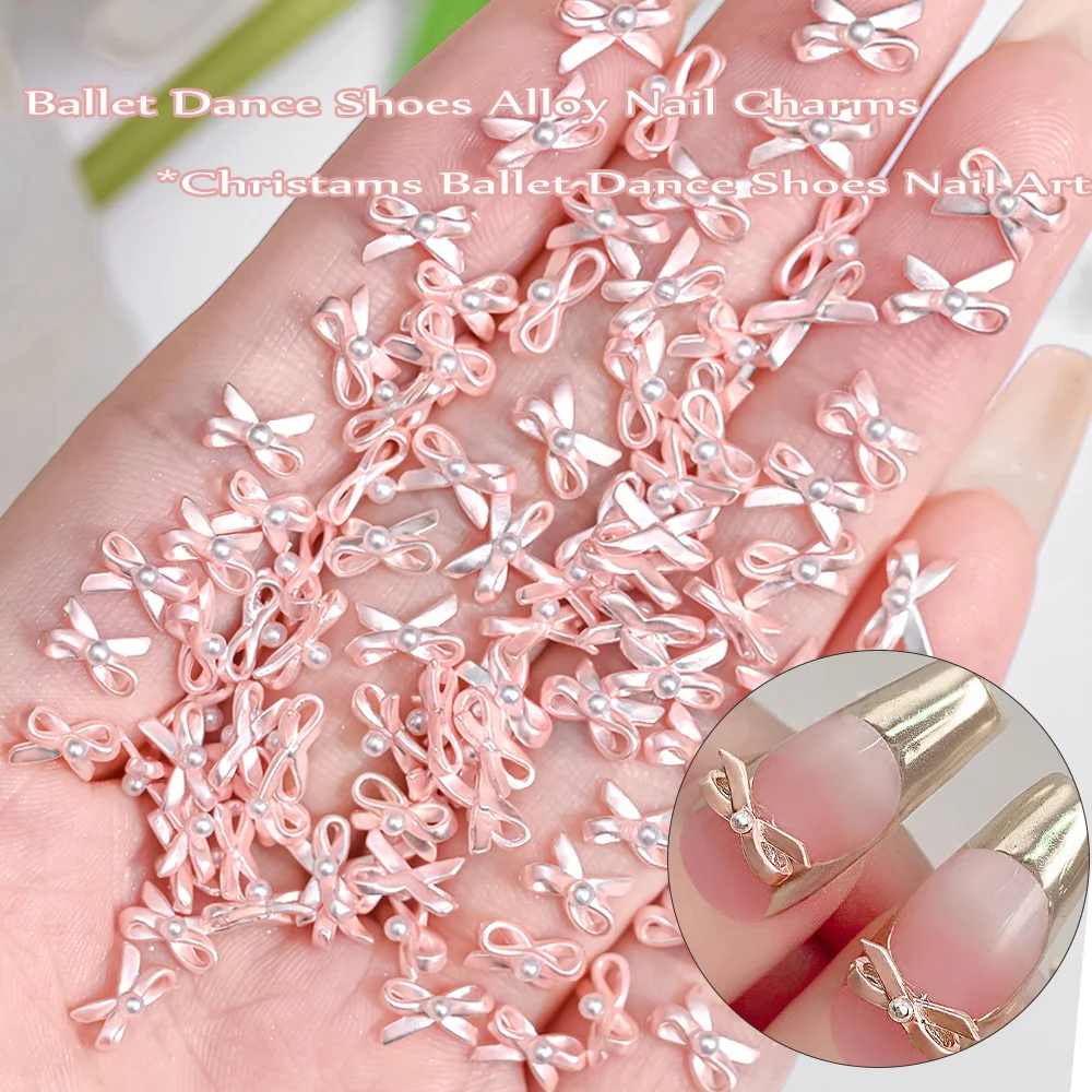 10Pcs Ballet Dance Shoes 3D Nail Charms 8mm Pink Metal Dance Shoes Ribbon Nail Art DIY Kawaii Ballet Bows Manicure Supplies &*&