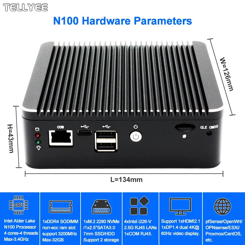 12th Gen Intel N100 Soft Router 4xi226-V 2.5G LAN 1*COM RJ45 Fanless Mini PC HD DP USBType-C pfSense Firewall Appliance PVE ESXi