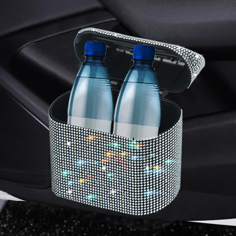 

Diamond Inlaid Car Trash Can Storage Bins with Lid Leakproof Mini Vehicle Trash Bin Garbage Dustbin Organizer Container Bag