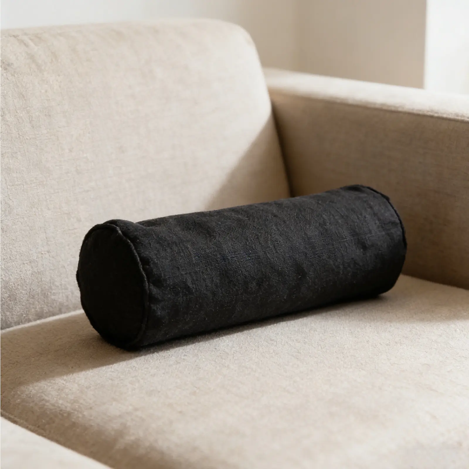 Cotton Linen Cylinder Neck Pillow Case Washable Neck Roll Pillowcase Cover Black Round Cushion Protector for Sofa Bed Travel