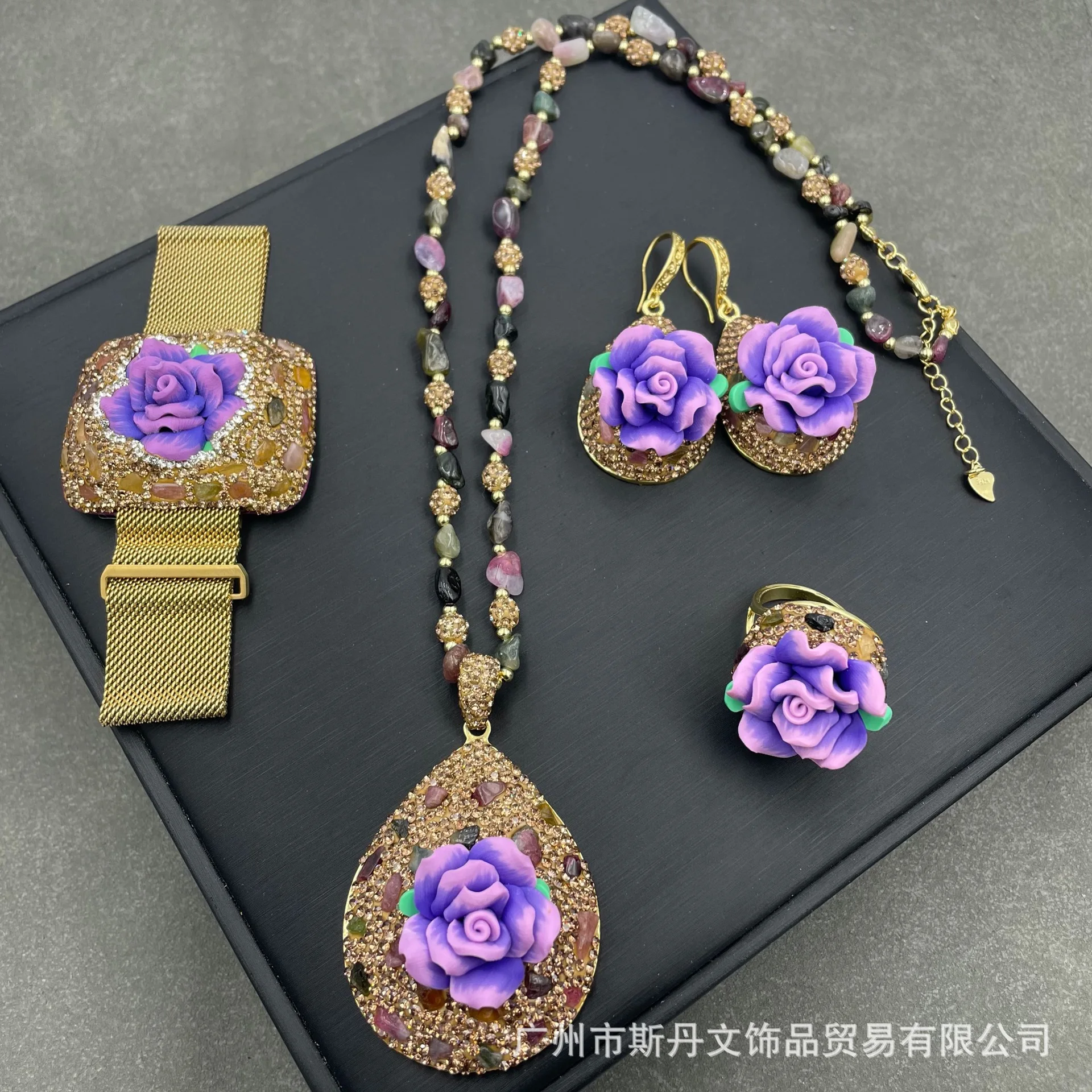 

Bracelet, soft pottery antique inlaid rough stone hand set, high-end crystal necklace earrings ring bracelet.