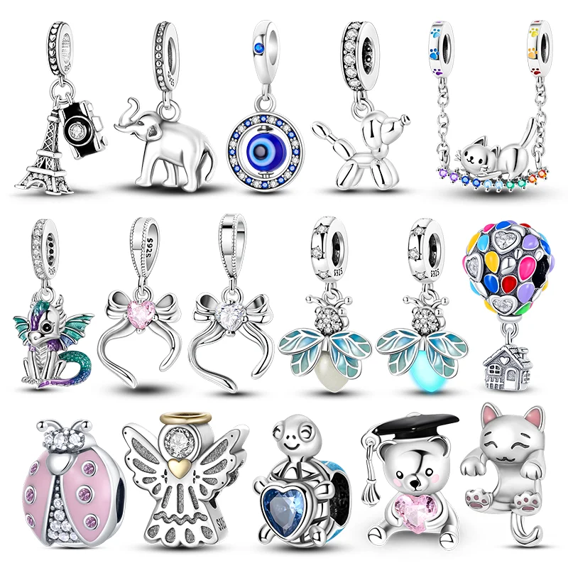 

925 Sterling Silver Elephant Bow Pendants Cat Turtle Bear Angle Charms Beads Fit Original Bracelet Fine Jewelry Gifts Making