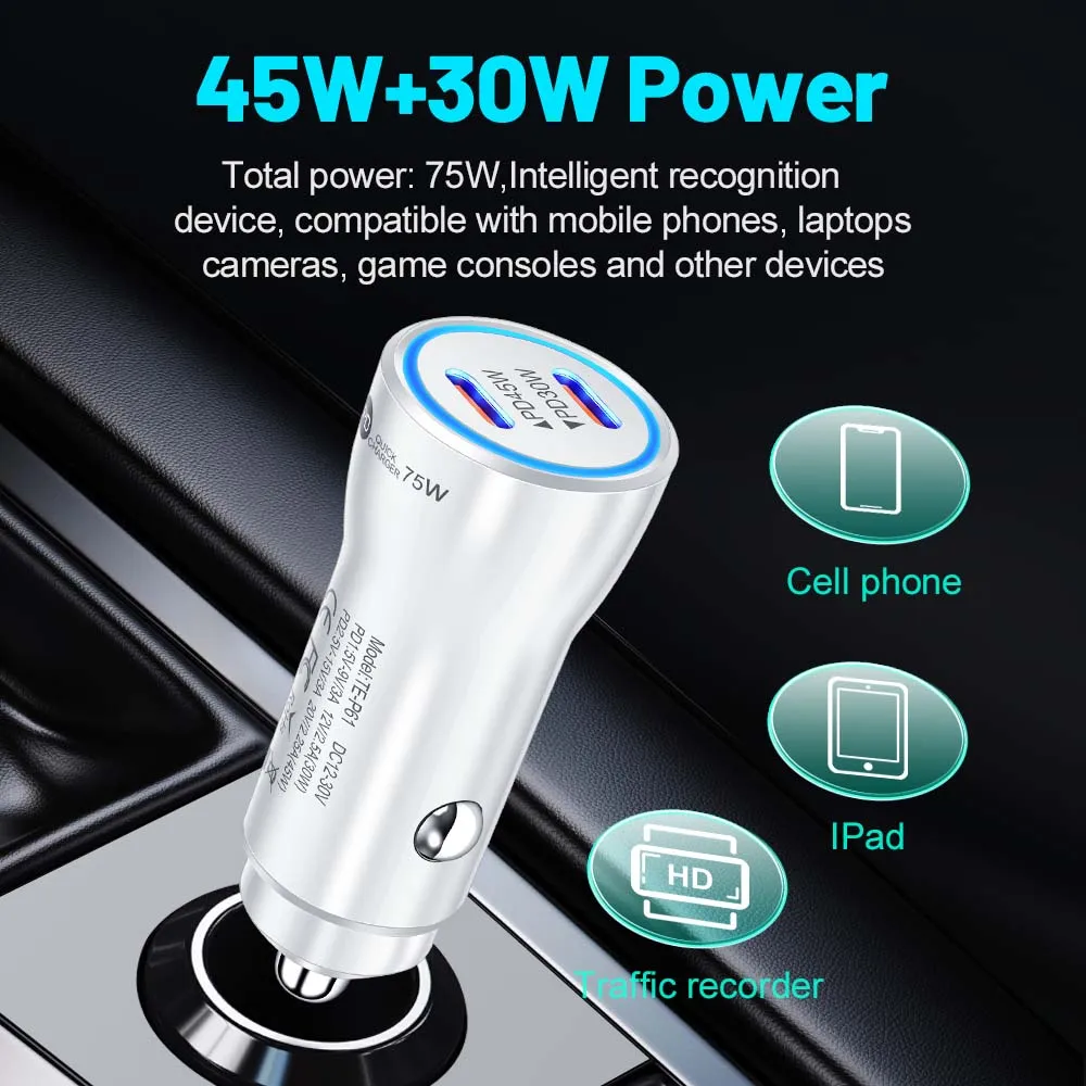 75 واط USB C شاحن سيارة منافذ مزدوجة نوع C PD شاحن في سيارة محول شحن سريع آيفون 15 14 شاومي سامسونج شاحن هاتف السيارة #2