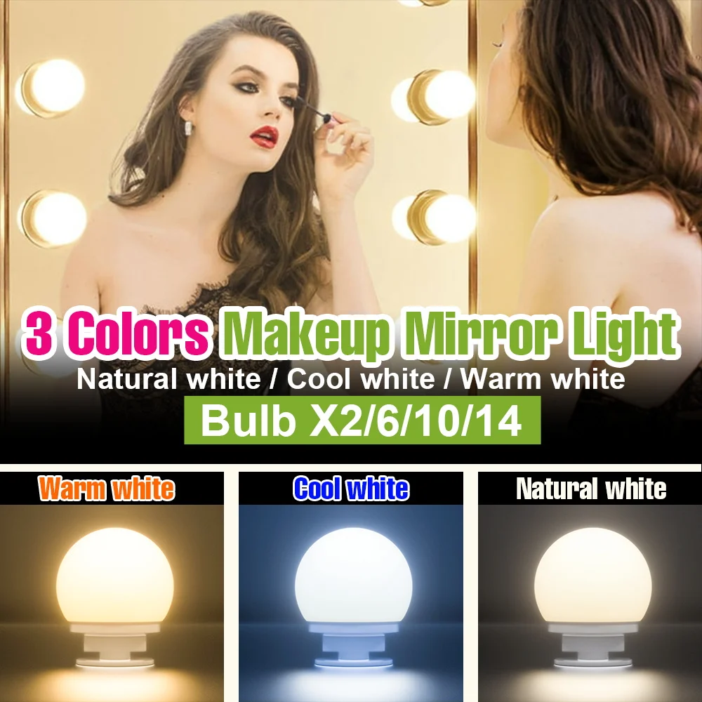 

Светодиодная лампа для зеркала для макияжа 5В с сенсорным диммированием, 3 цвета, USB-лампа для туалетного столика, декоративное освещение для дома, спальни, ванной комнаты