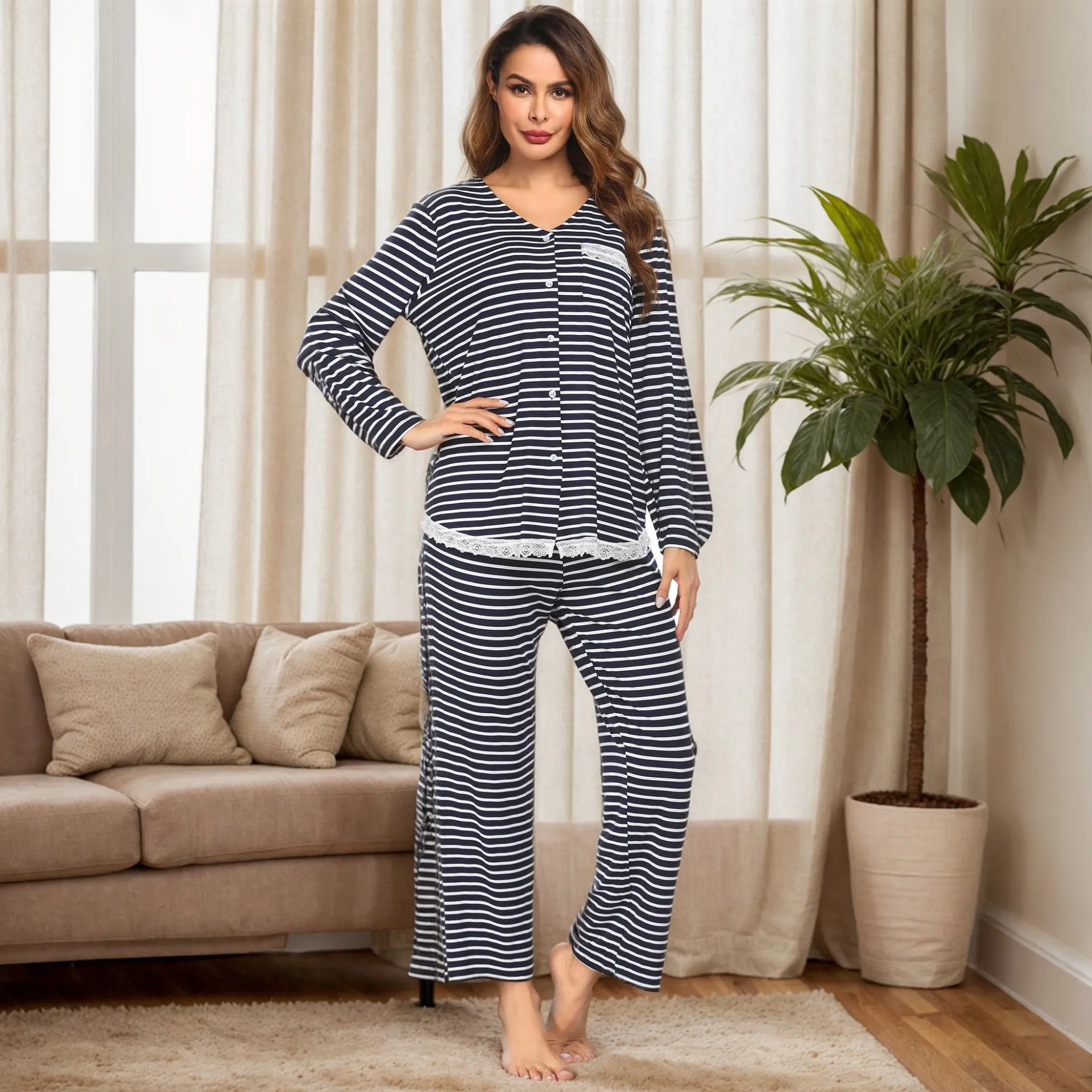 

Women's Modal Stripe Print Pajama Set Long-Sleeve V-Neck Chest Pocket Top And Long Pants Soft Sleepwear Casual Loungewear Pjs