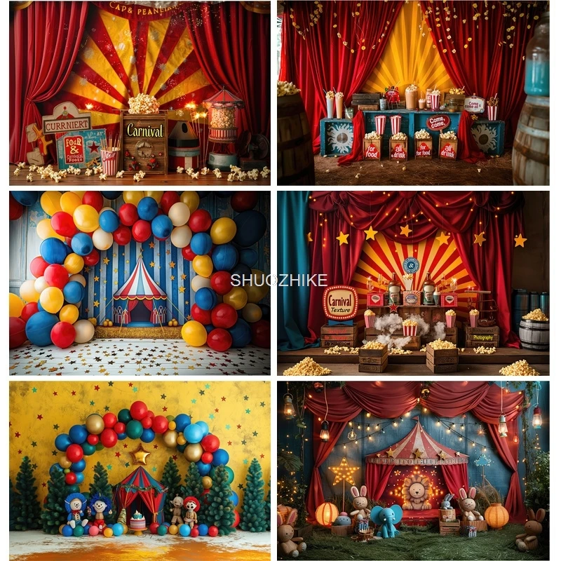 Circus Tent With Striped Canopy Popcorn Photography Backdrops Balloons Birthday Party Decor Animal Photo Studio Background SD-08